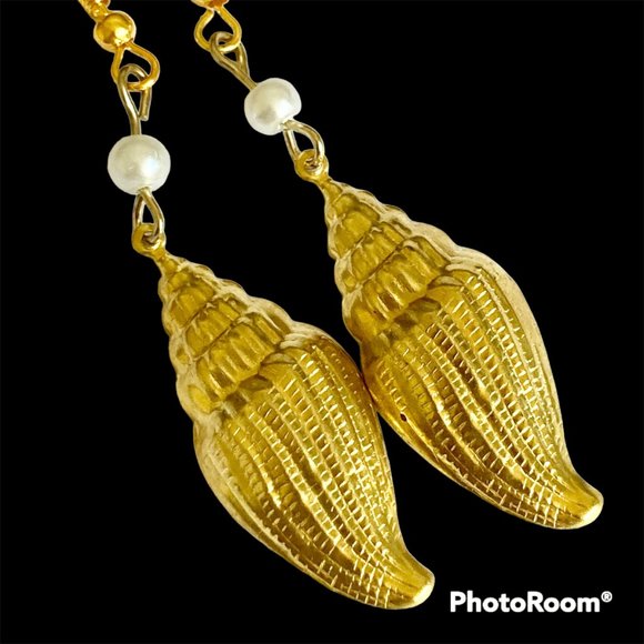 Vintage Conch Shell Pearl Earrings Gold Plated Dangle Sea Life Island Nautical - Picture 2 of 11
